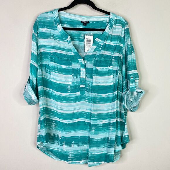 New Torrid Harper Aqua Streak Challis Blouse Women's Size Medium - Picture 1 of 7